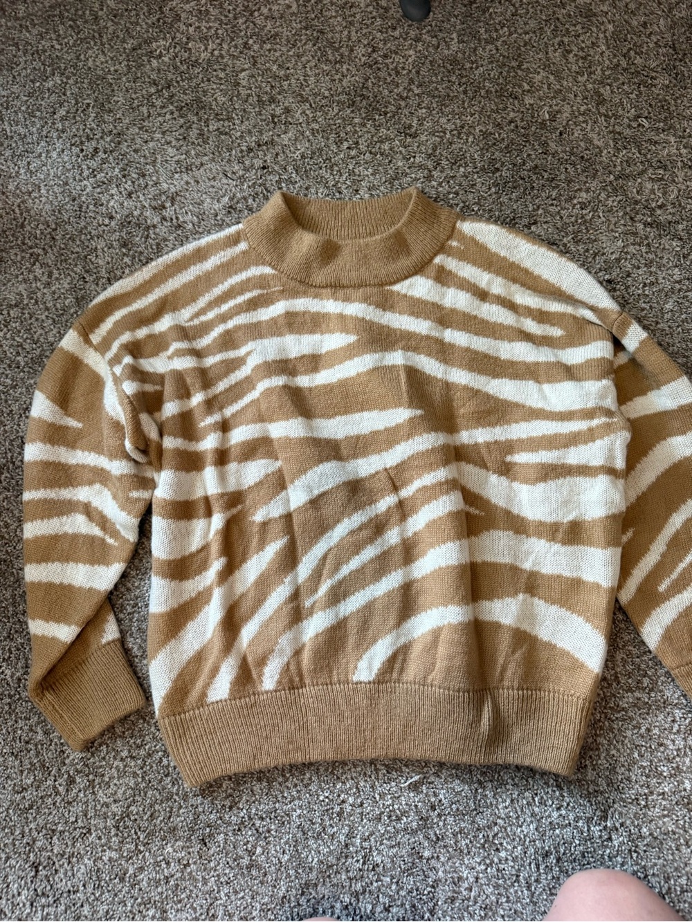 Zebra-Print Crewneck Sweater in Camel and Cream
